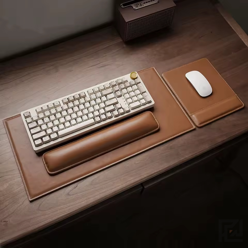 Genuine Cowhide Leather Desk Mat Set — Pad, Mouse Pad & Keyboard Wrist Rest